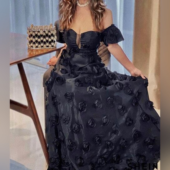 Luxe black off shoulder Applique party formal evening wedding dress - Picture 8 of 15